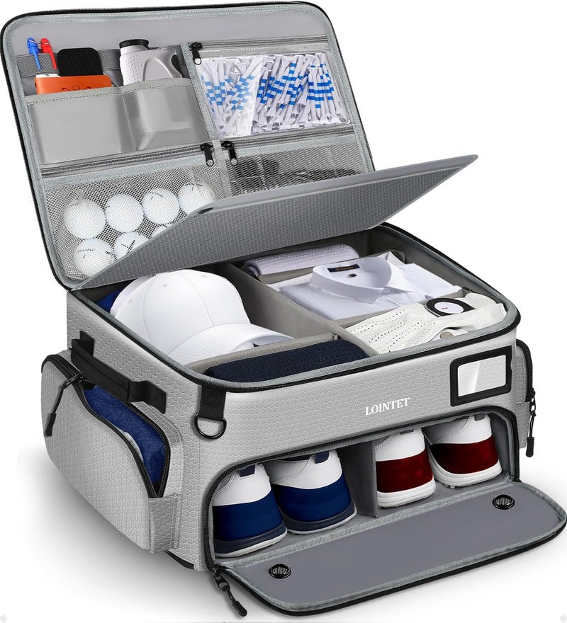 LOINTET Golf Trunk Organizer, Waterproof Car Golf Locker with Separate Ventilated Compartment for 2 Pair Shoes, Golf Storage for Balls, Tees, Cap, Clothes, Gloves, Accessories, Gifts for Men, Women - Image 1